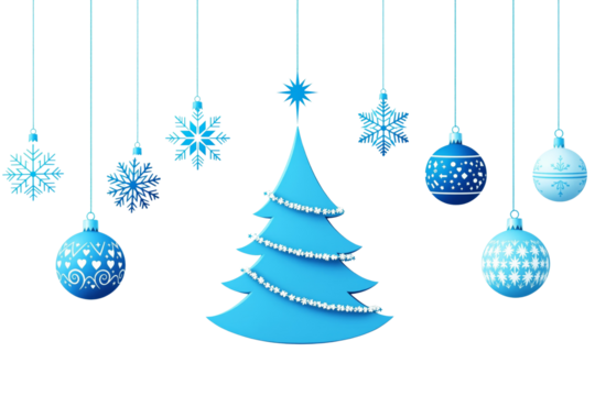 Blue Christmas tree and ornaments with snowflakes on white background. Graphic style. Concept of holiday celebration. Ai generative