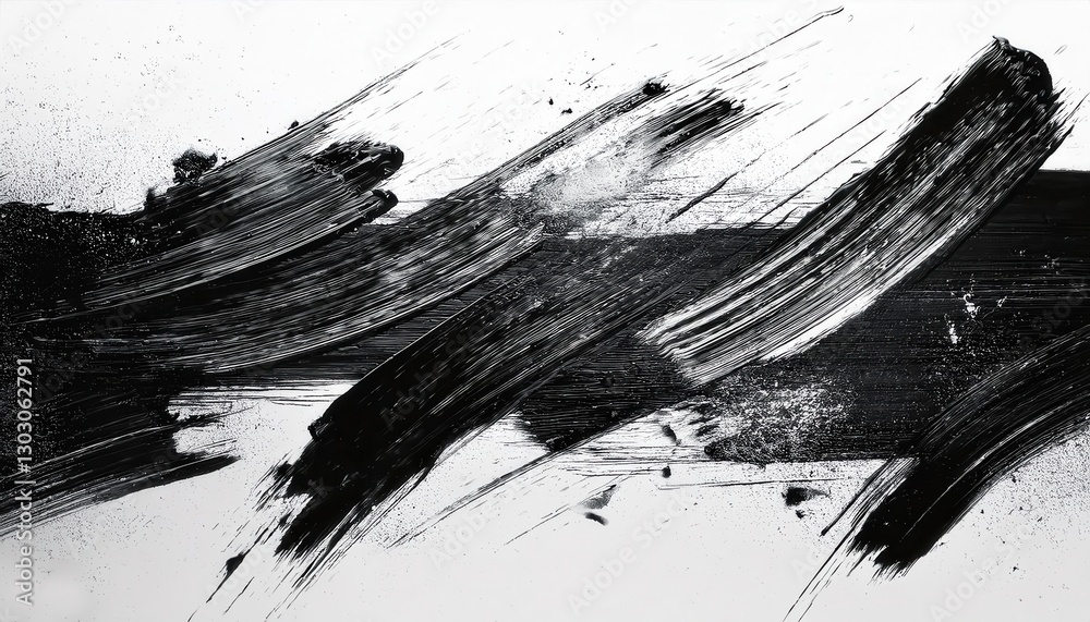 Poster dynamic black brushstroke abstraction with textured splashes on white background, modern minimalist art for decor, digital painting aesthetic
