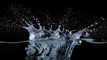 Fototapeta premium 水しぶきのイメージ 黒背景 背景素材 チラシ・バナー・動画素材 16:9サイズ AI生成素材