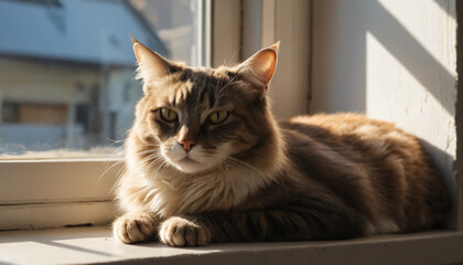 Fluffy cat lounging in the sunlight by the window
