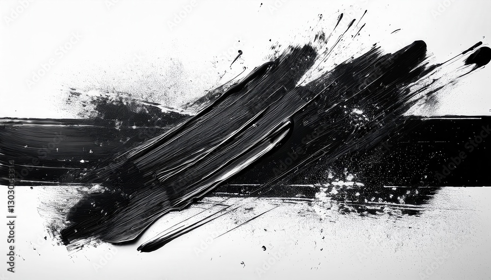Aufkleber dynamic black brushstroke abstraction with textured splashes on white background, modern minimalist art for decor, digital painting aesthetic