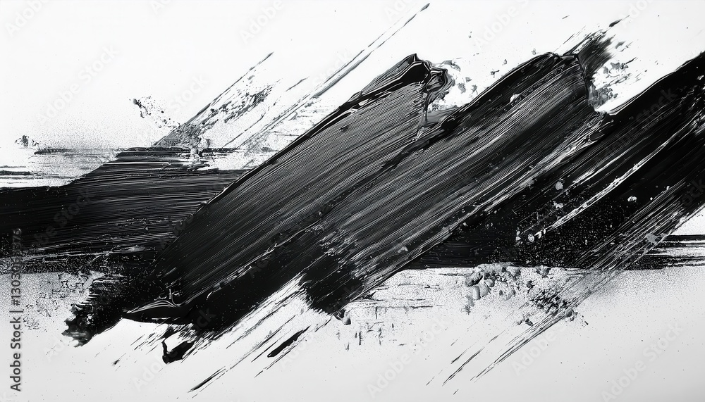 Aufkleber dynamic black brushstroke abstraction with textured splashes on white background, modern minimalist 