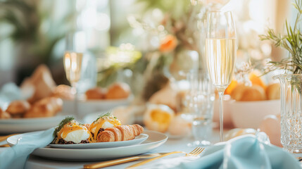 Delicious healthy breakfast on a table with fresh food and brunch dining