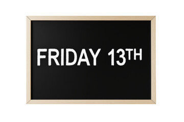 Blackboard with Friday 13th text, chalk style, on white background. Concept of superstition. Ai generative
