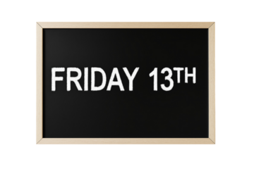 Blackboard with Friday 13th text, chalk style, on white background. Concept of superstition. Ai generative