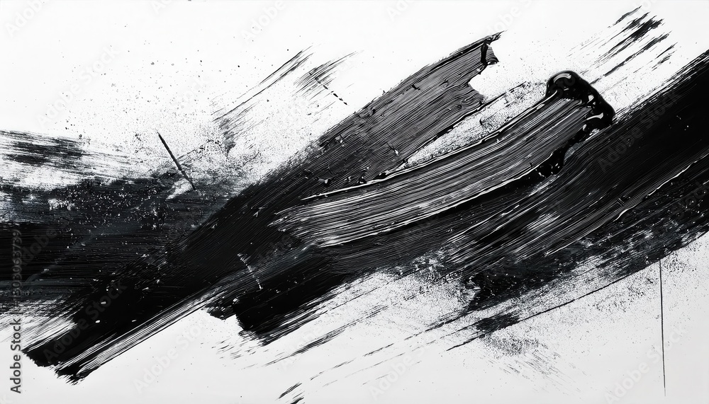 Aufkleber dynamic black brushstroke abstraction with textured splashes on white background, modern minimalist 