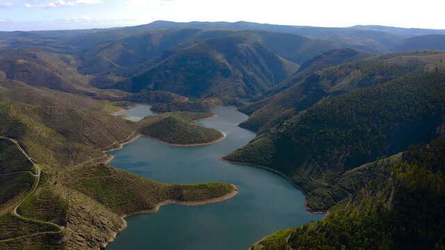 Aerial view from Miradouro da Serpente do Medal, a stunning panoramic view over the Sabor Lakes, namely the Medal Lake and the Sanctuaries Lake.