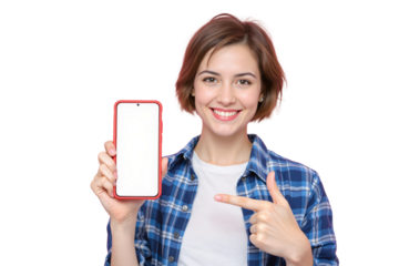 Woman holding red smartphone, realistic style, on white background. Concept of technology. Ai generative