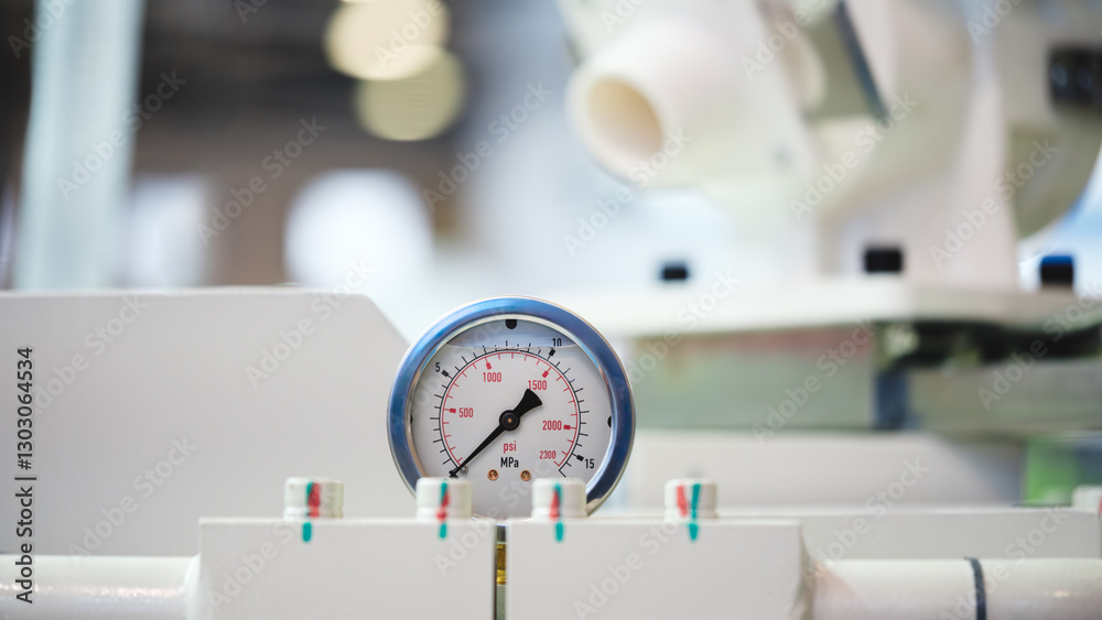 Poster A white and blue pressure gauge sits on a white surface. The gauge is marked with numbers and a clock face. Concept of precision and accuracy