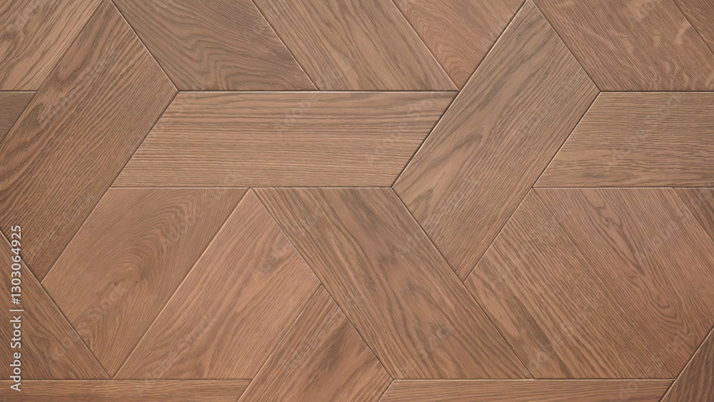 Poster Flat lay view from above on wooden floor with triangle pattern. The floor is brown and we have charm, attractive feeling