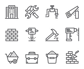 Construction house project development isolated line thin icon set	