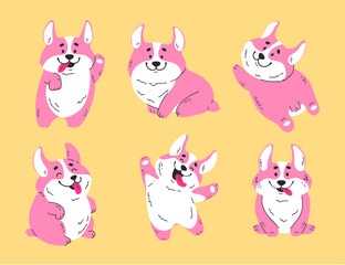 Welsh corgi dog cute puppy pet sticker line art concept set. Vector graphic design illustration element
