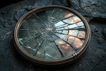 Fototapeta premium Cracked antique mirror reflecting sky amid rough stone background