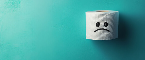 Toilet paper roll with a sad face drawn on it against a turquoise background, symbolizing humor, frustration, or the end of a roll, in a playful take on everyday items.