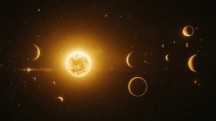 A celestial alignment of planets glowing brightly against the dark of space