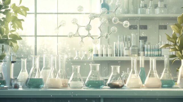 illustration of various laboratory glassware like beakers, flasks, and test tubes arranged on a lab bench, with detailed molecular structures floating above, natural lighting, scientific and education