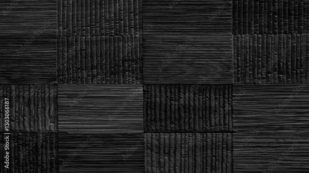 Poster A black wooden wall with a pattern of squares and stripes. wall is made of wood and has a rustic feel, black abstract texture background