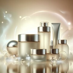 Two or three luxurious cream jars with sleek, reflective chrome lids, elegantly arranged on a glossy mirrored surface