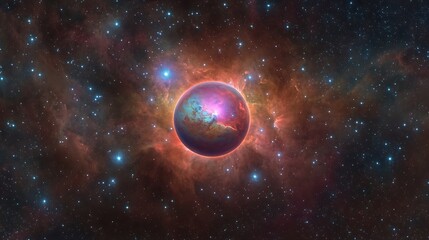 A celestial view of a gas giant planet surrounded by a vivid, multicolored nebula