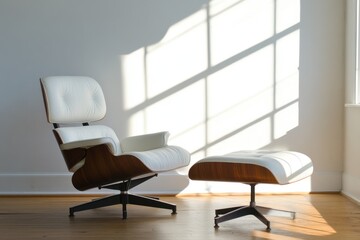 Modern lounge chair and ottoman in sunlit room