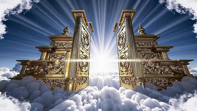 Open golden gates of Paradise against white clouds. Entrance to the afterlife for the righteous. The entrance to Paradise is adorned with golden gates and fluffy clouds.