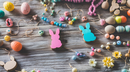 Colorful Easter chocolate eggs, bunny decorations, and candy for spring celebration