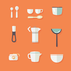 Kitchenware Flat Lay on Orange Background: Coffee, Cooking, and Dining Items