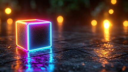 Neon cube, illuminated, dark stone floor, ambient lights, display