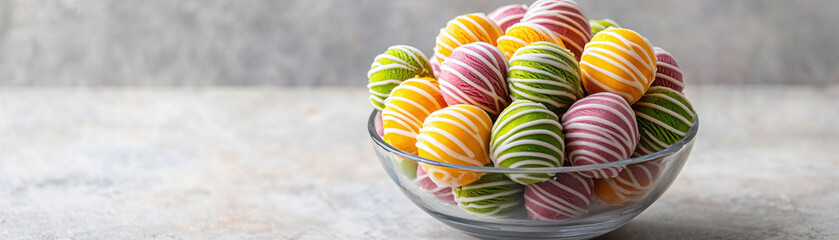 Easter Ice cream. Colorful decorative eggs in a glass bowl on a light background.