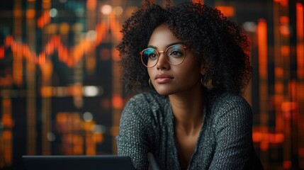 Focused Woman Analyzing Data at Night
