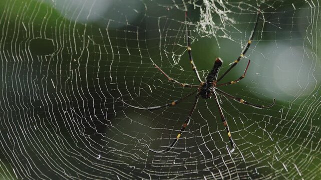 A large yellow striped golden orb web spider is reting on its web in the sunlight.