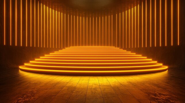 Neon gold steps stage; dark, wooden floor; spotlight backdrop; presentation