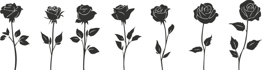 Black silhouette of roses on white background, illustrating various floral designs.