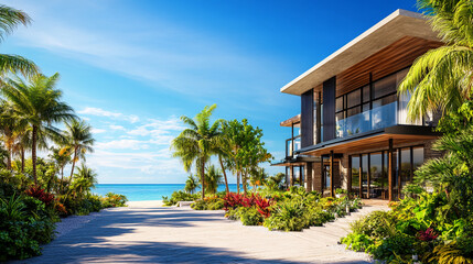 Fototapeta premium Modern luxury villa by the beach with tropical landscaping, palm trees, and a direct view of the ocean, showcasing relaxation, elegance, and high-end coastal living.