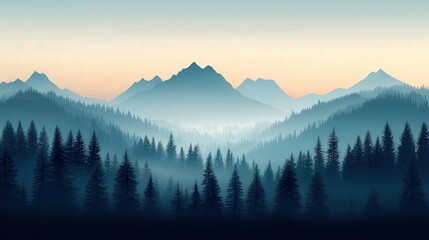 Obraz premium Serene mountain landscape with misty forest and soft colors.