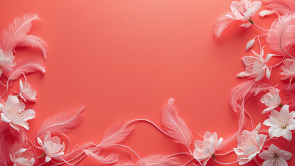 Obraz premium Elegant pink floral and feather frame on a soft pastel background. Ideal for romantic designs, wedding invitations, and feminine branding