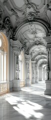 Obraz premium Sunlit ornate hallway, elegant architecture, white marble.