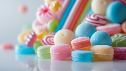 Colorful assorted candies including pastel macarons, gummy sweets, and sugar-coated treats on a white background. A sweet lover&rsquo;s paradise