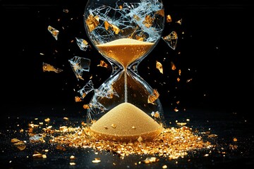 Shattered hourglass with golden sand explodes in dramatic time concept art