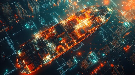 Obraz premium Night Cargo Ship: Digital Metropolis