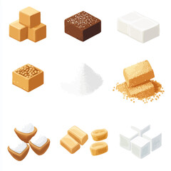 Assorted sugar types illustration - cubes, granulated, and brown