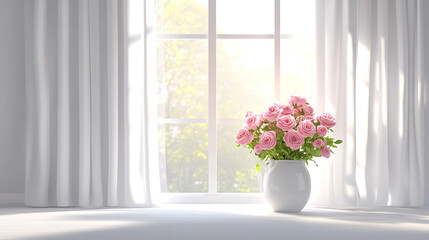 A bouquet of pink roses by the window in a fresh style white hall interior