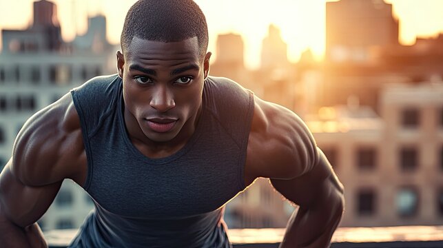 A fit, energetic man doing an outdoor workout on a rooftop with a city skyline in the background during golden hour. He is captured mid-motion, performing an intense bodyweight exercise. His focused