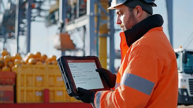A male industrial worker in a high-visibility jacket and helmet checks data on a rugged tablet at a busy shipping port. Concept of logistics management, digitalization in industry and cargo management