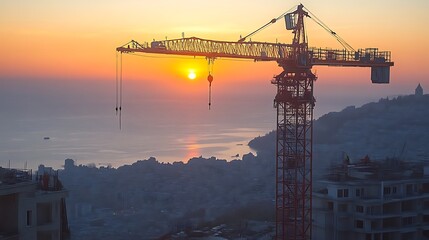 Construction crane at sunset overlooking coastal city skyline with ocean view in background