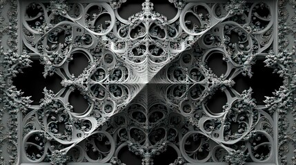 Intricate fractal art, silver grey, dark background.