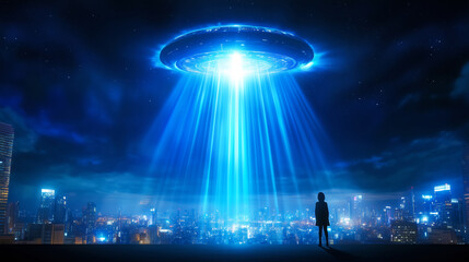 A luminous UFO hovers above a city skyline, casting bright beams of light downwards as a figure stands in awe, intrigued by the otherworldly sight during the night