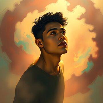 Hombre hispano reflexionando abstra&iacute;damente sobre la vida