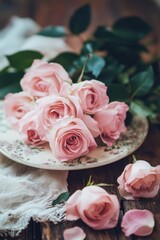 Beautiful pink roses arranged on a vintage plate with petals scattered