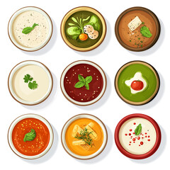 Nine bowls of gourmet soup with various toppings on a white backdrop.